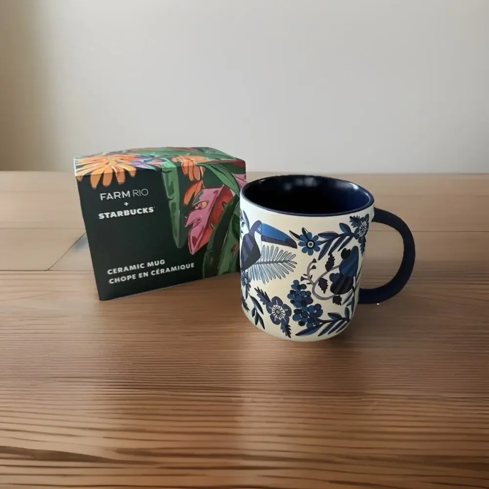 NEW Starbucks x Farm Rio Blue Floral Bird 14oz Ceramic Coffee Mug Gift Limited
